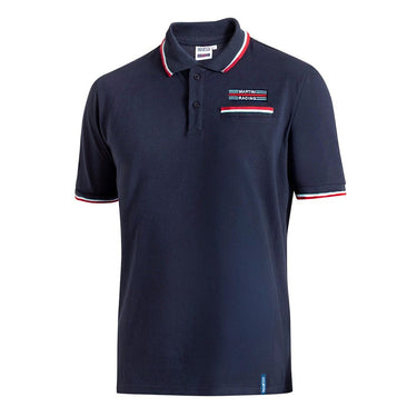 Navy blue polo shirt with red and white accents on a white background
